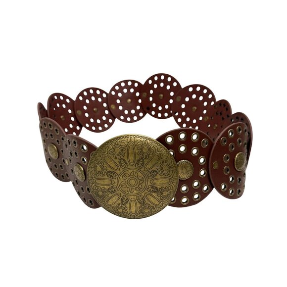 Women\'s Waist Concho Belt Brown Wide Leather Brass Disc Buckle Boho Western main image 4